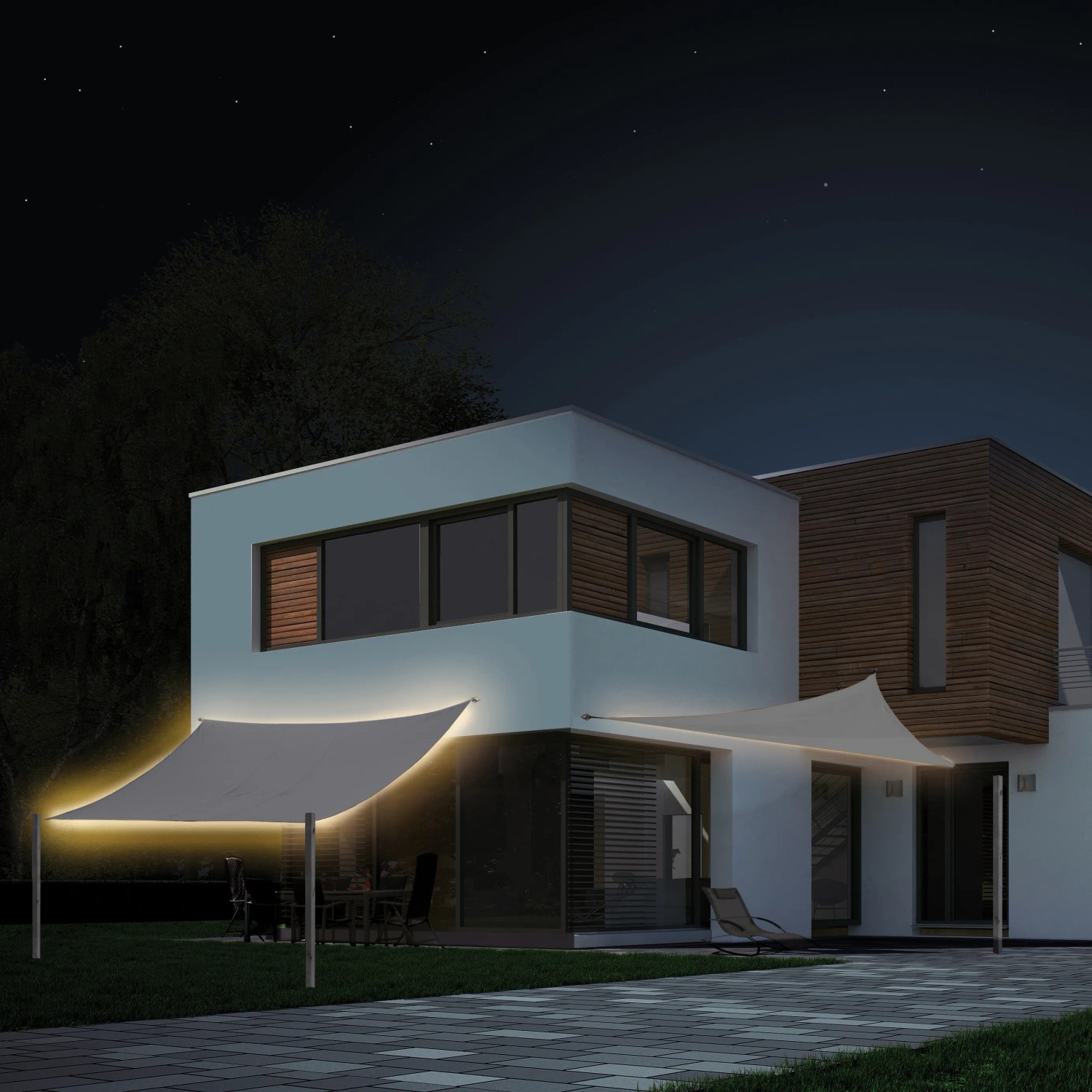 Quadratisches, graues LED-Sonnensegel Belvedere (360x360 cm) mit Beleuchtung am Haus.