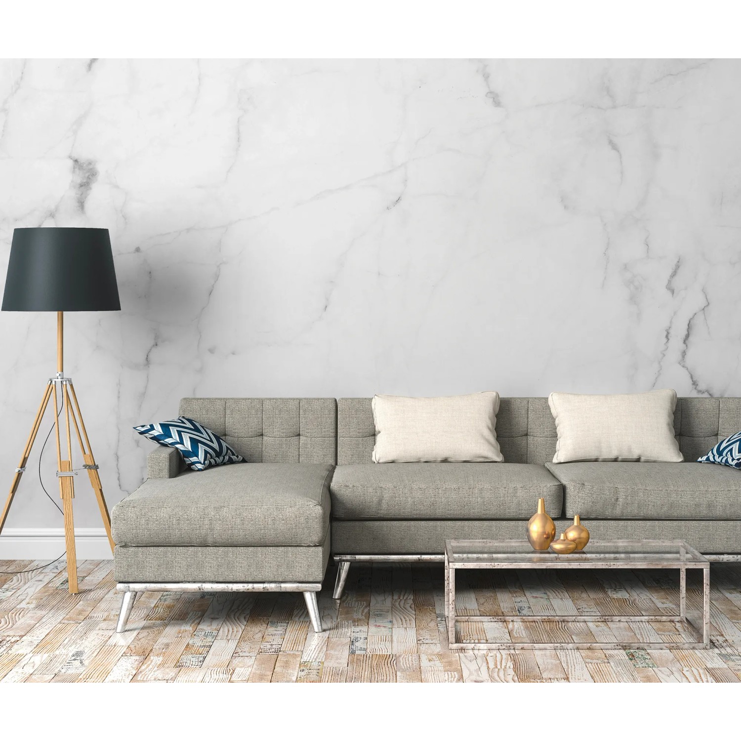 Fototapete Marmor Weiß Grau an Wand hinter Couch und Lampe.