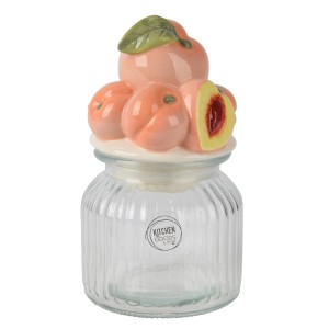 Glasgefäß mit Pfirsich-Motiv, Porzellandeckel, Ø 11 cm, dekorative Aufbewahrung.