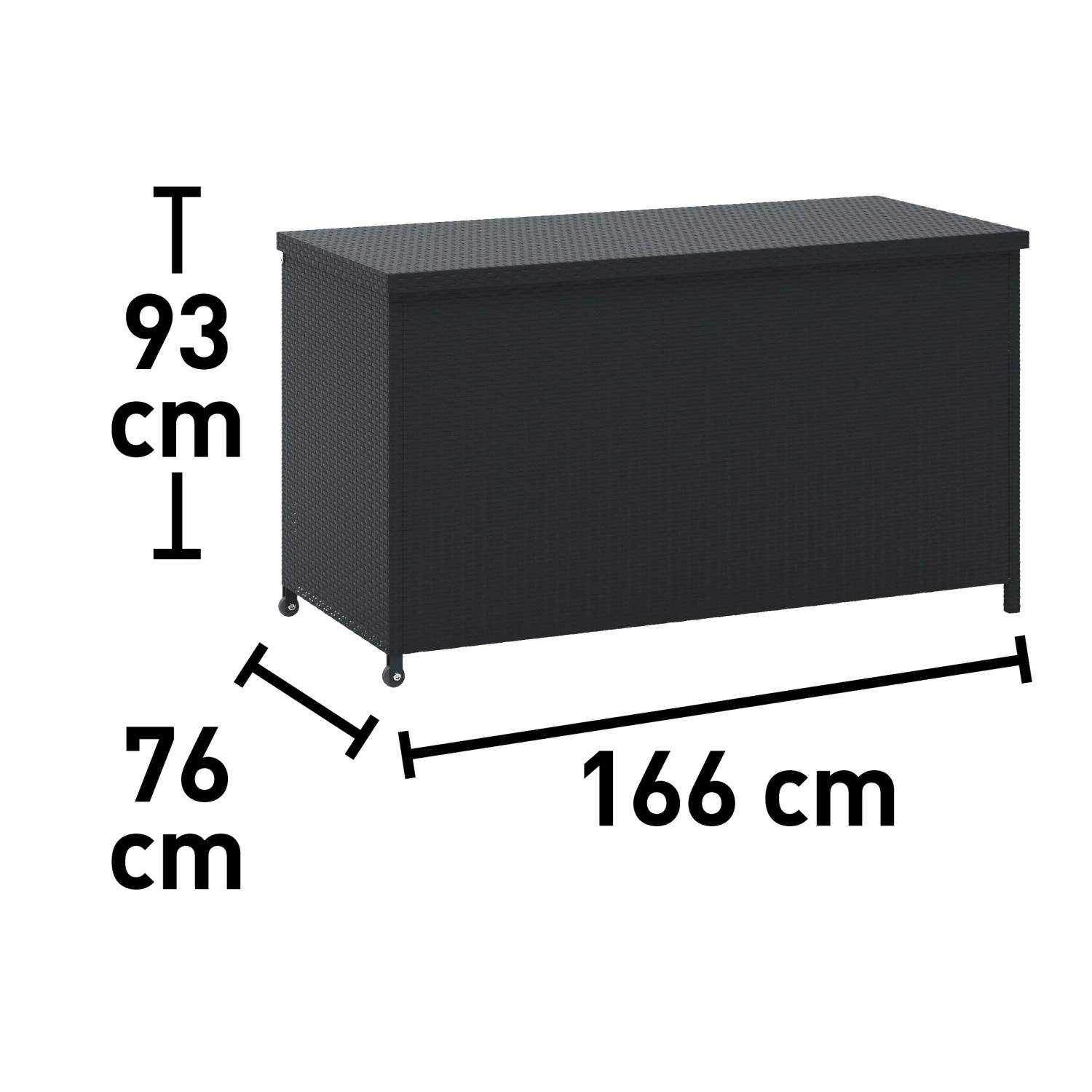 Auflagenbox Buntine 1.100 l aus Polyrattan in Schwarz mit Maßangaben.