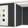 Modernes, anthrazitfarbenes Weka Holz-Gartenhaus 413 A mit Anbau und weißer Tür.