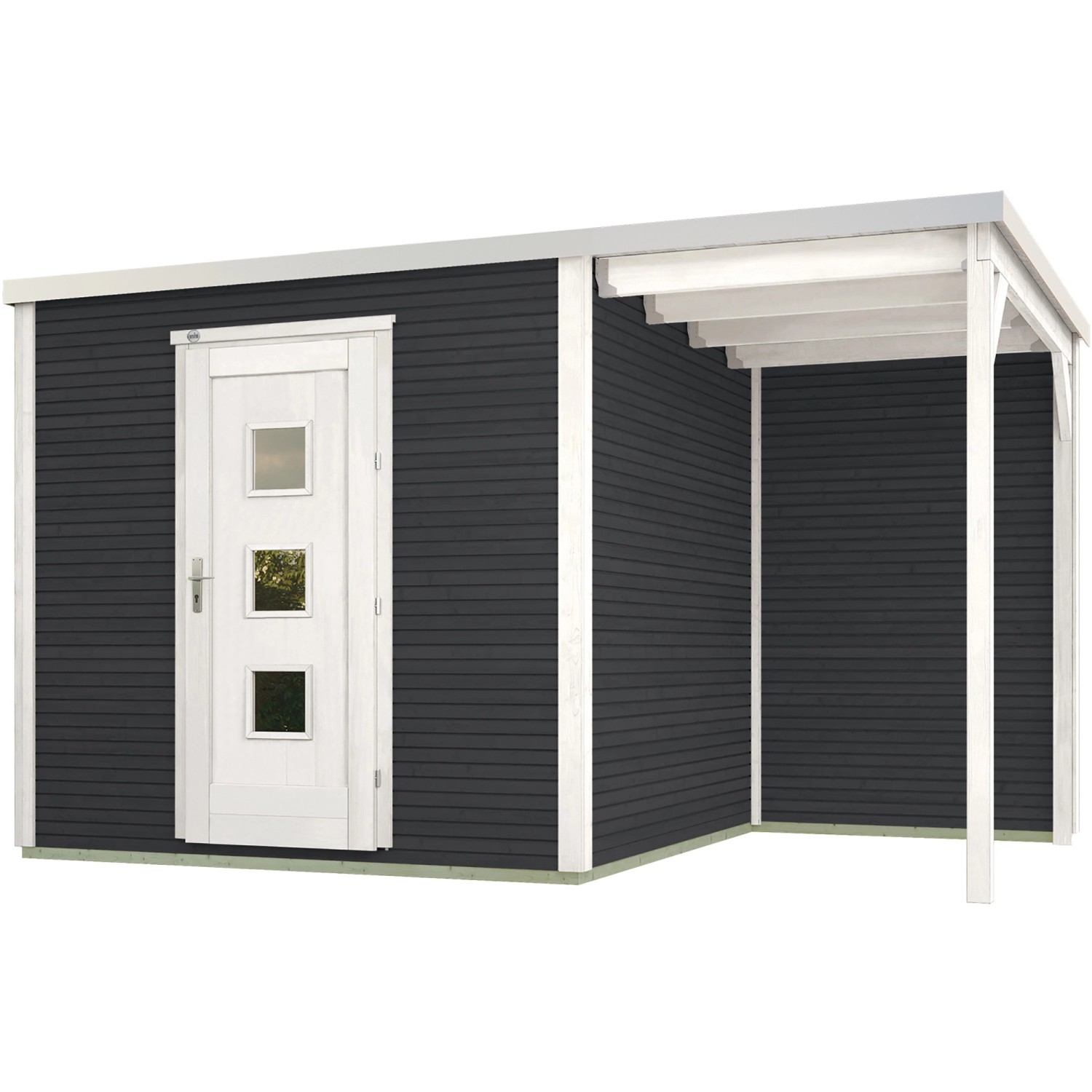 Modernes, anthrazitfarbenes Weka Holz-Gartenhaus 413 A mit Anbau und weißer Tür.