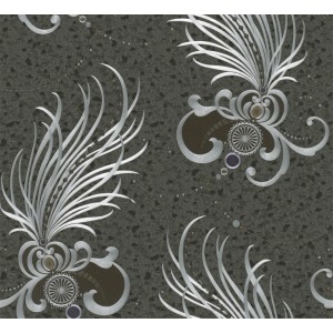 Glööckler Vliestapete mit ornamentalem Federschmuck in Schwarz und Silber.