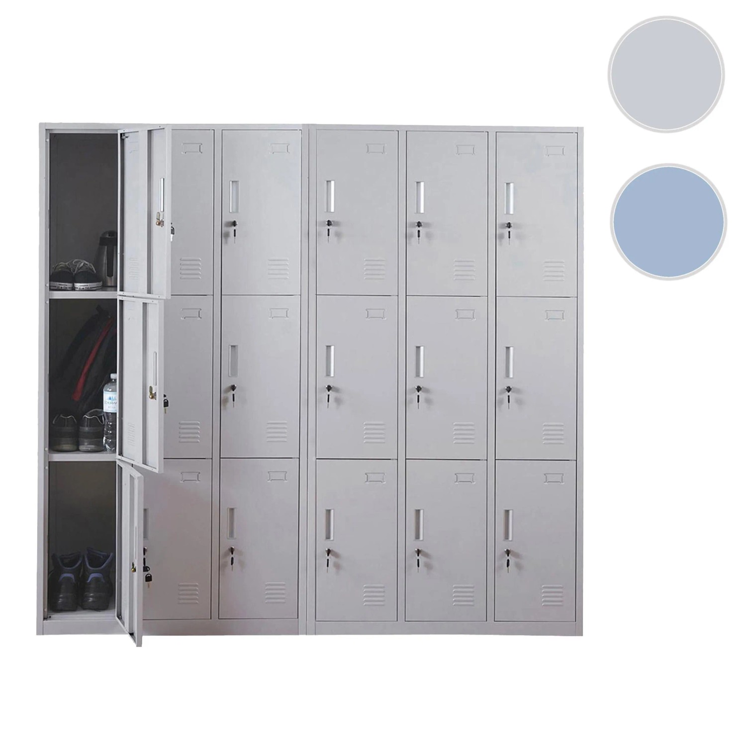 Proregal Schließfachschrank Saturn, hellgrau, mit 18 hellblauen, abschließbaren Fächern aus Metall.