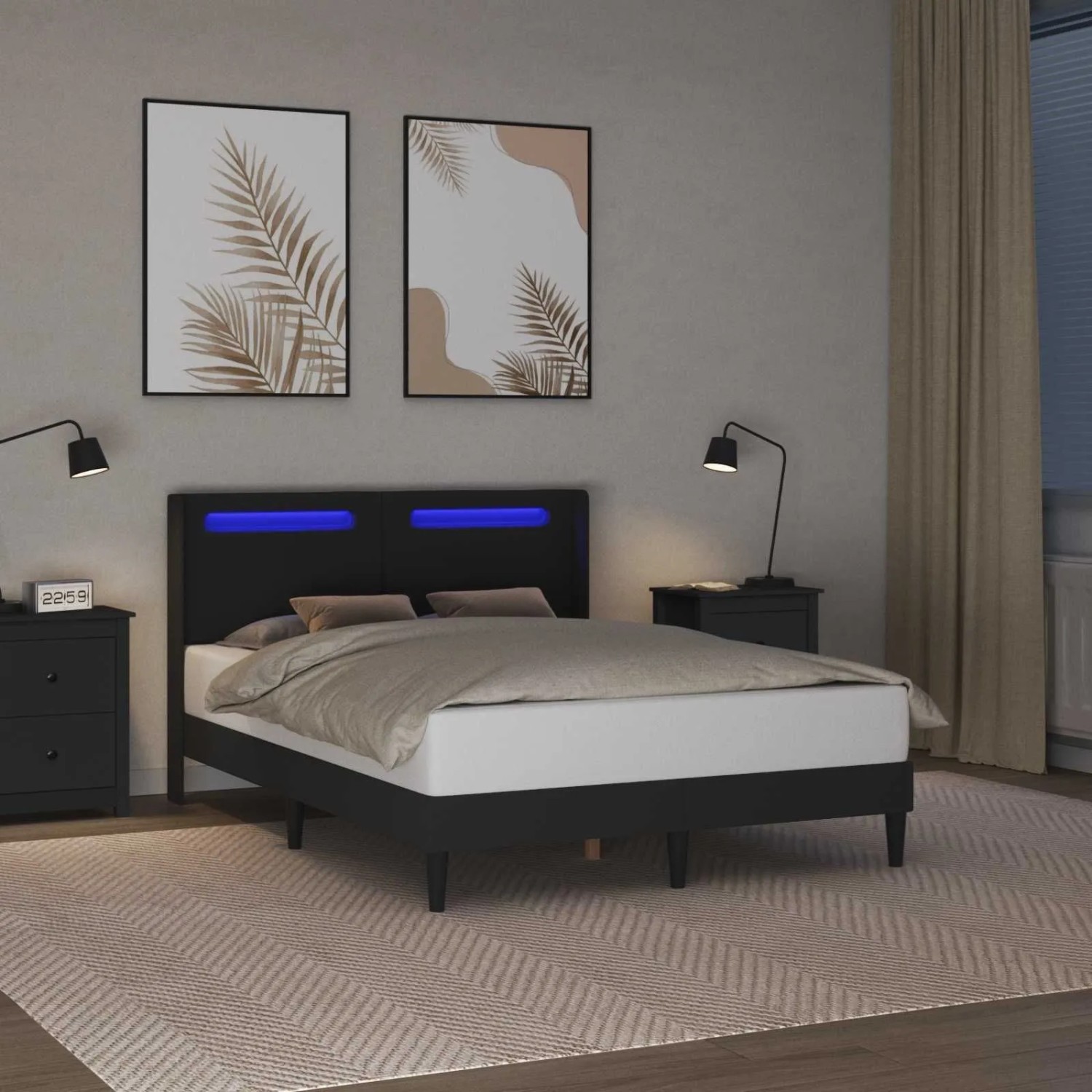 Schwarzes vidaXL Bett 160x200 mit LED-Leisten, Kunstleder-Bettrahmen im Schlafzimmer.