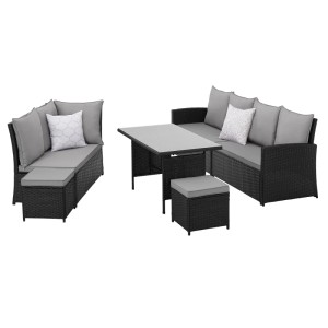 Schwarzes Svita Monroe Garten-Lounge Set aus Polyrattan mit Tisch und Hockern.