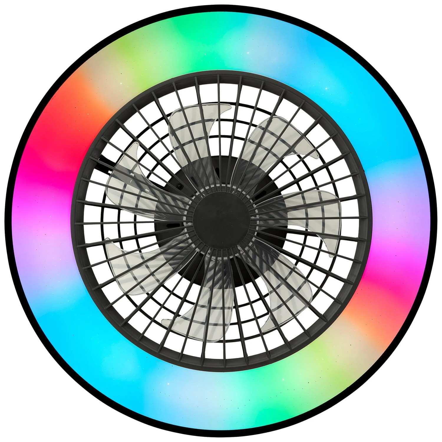 Schwarze LED-Deckenleuchte Mazzaro mit Ventilator und RGB-Beleuchtung, Ø 48,5 cm.
