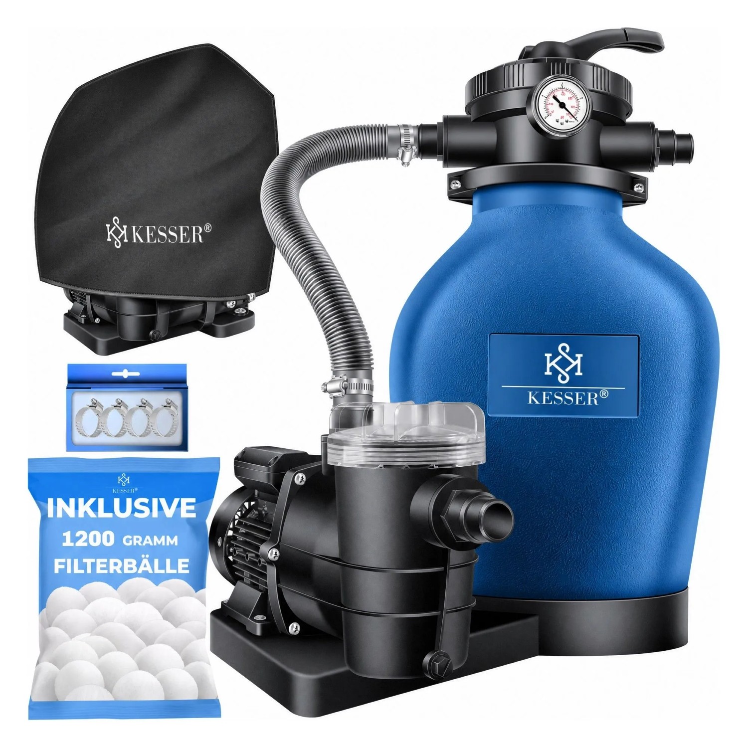 KESSER Sandfilteranlage mit Pumpe 600 W 13200, Pro Stunde 7-Wege-Ventil Blau