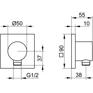 Technische Zeichnung Keuco IXMO Schlauchanschluss 59547, eckig, Chrom, DN15 mit Maßangaben.