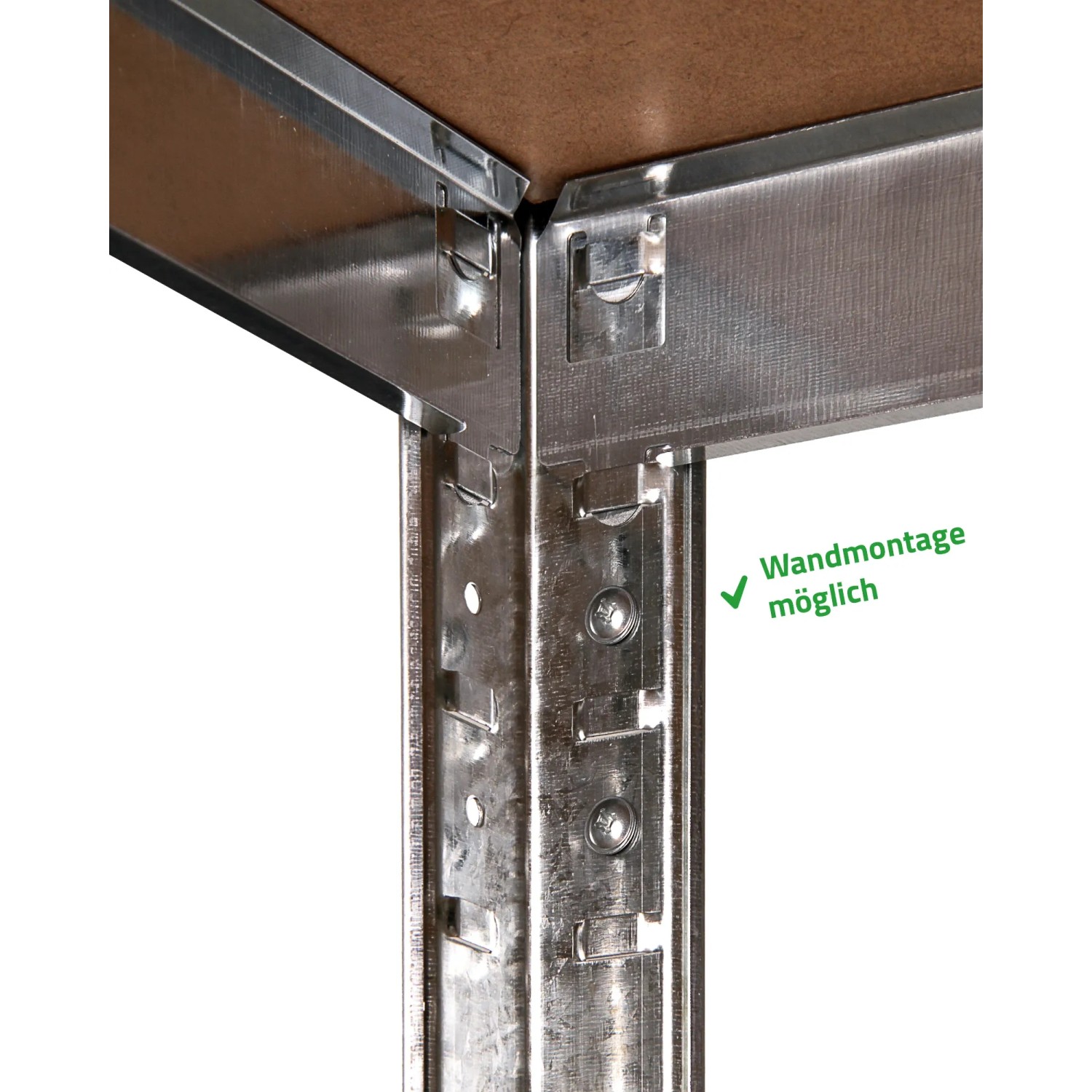 Detailaufnahme: Ondis24 Metallregal Thomas (90x40) mit Stecksystem und optionaler Wandmontage.