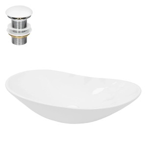 Weißes ECD Germany Design Waschbecken mit Ablaufgarnitur, ovale Form.