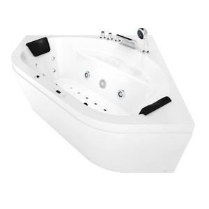 Weiße AcquaVapore Eck-Badewanne mit Whirlpool-Funktion, Armaturen und Nackenkissen.