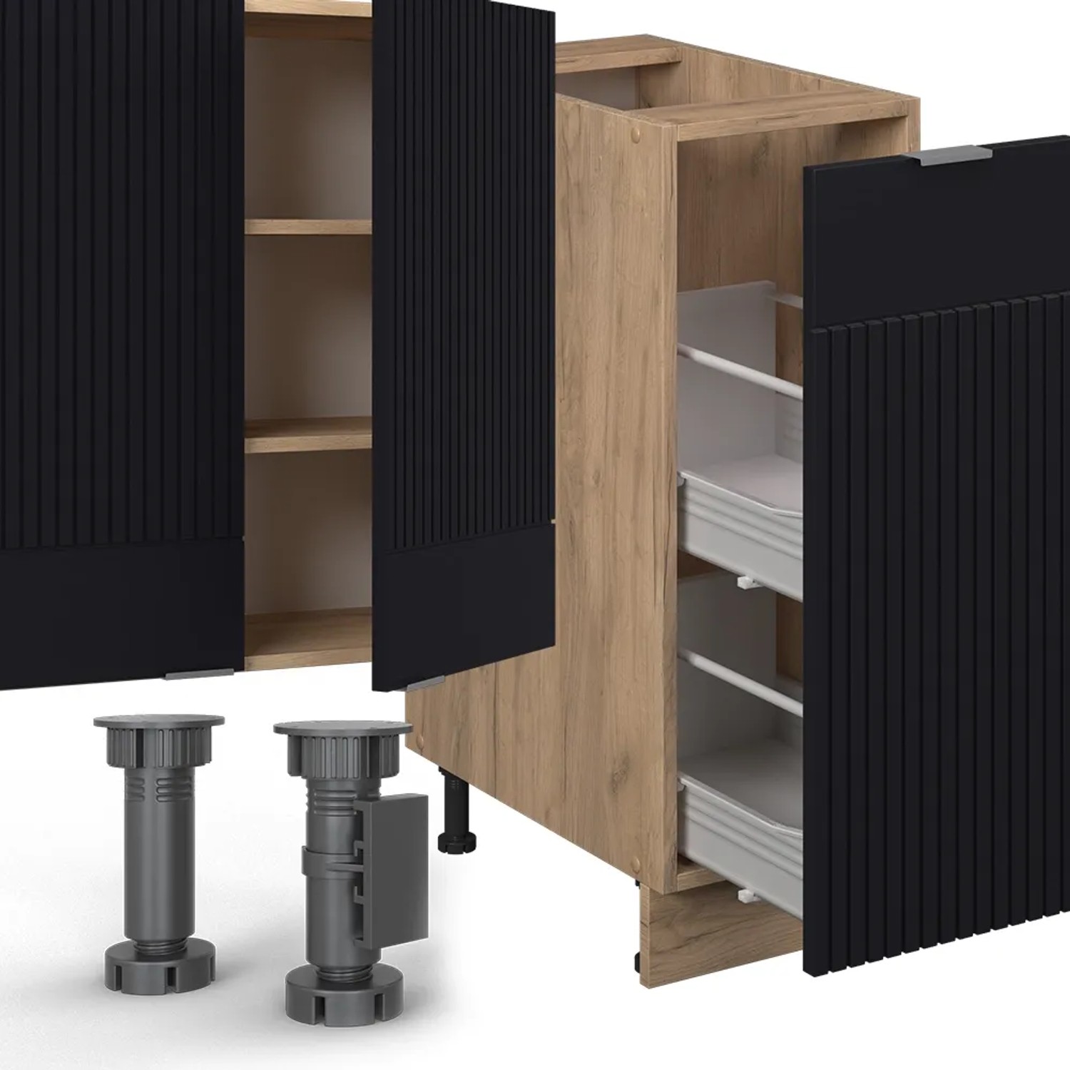 Vicco Fame-Line Küchenzeile in Schwarz/Goldkraft Eiche mit Marmor Arbeitsplatte, 280 cm breit.