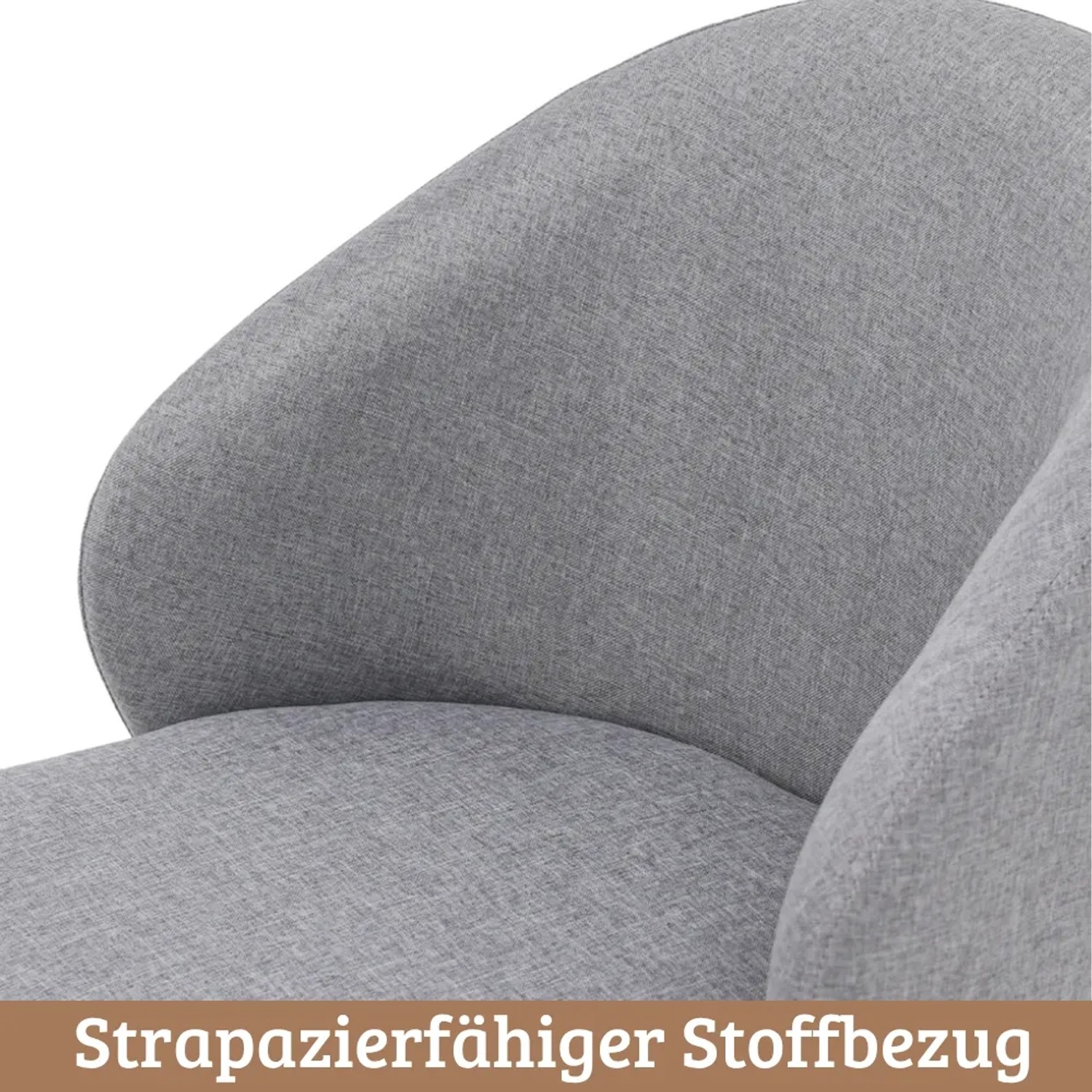 Detailaufnahme: Hellgrauer DELUKE Esszimmerstuhl ERIK mit Stoffbezug.