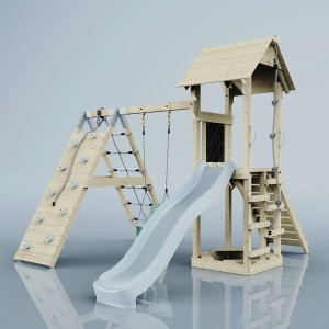 OutdoorToys Spielturm Trondheim mit Babyschaukel, Kletterwand, Rutsche und Kletternetz.