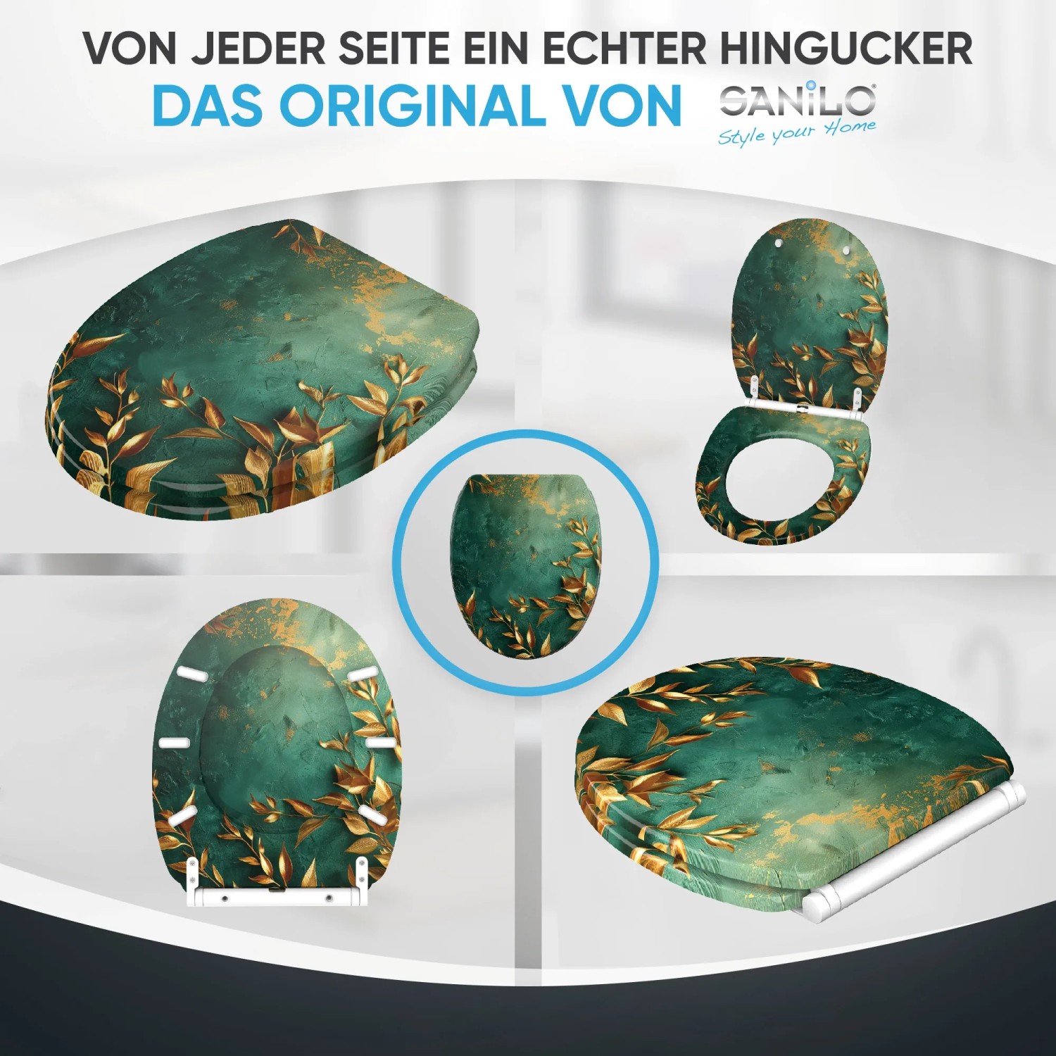 SANILO WC-Sitz Greego mit Absenkautomatik und floralem Design, verschiedene Ansichten.