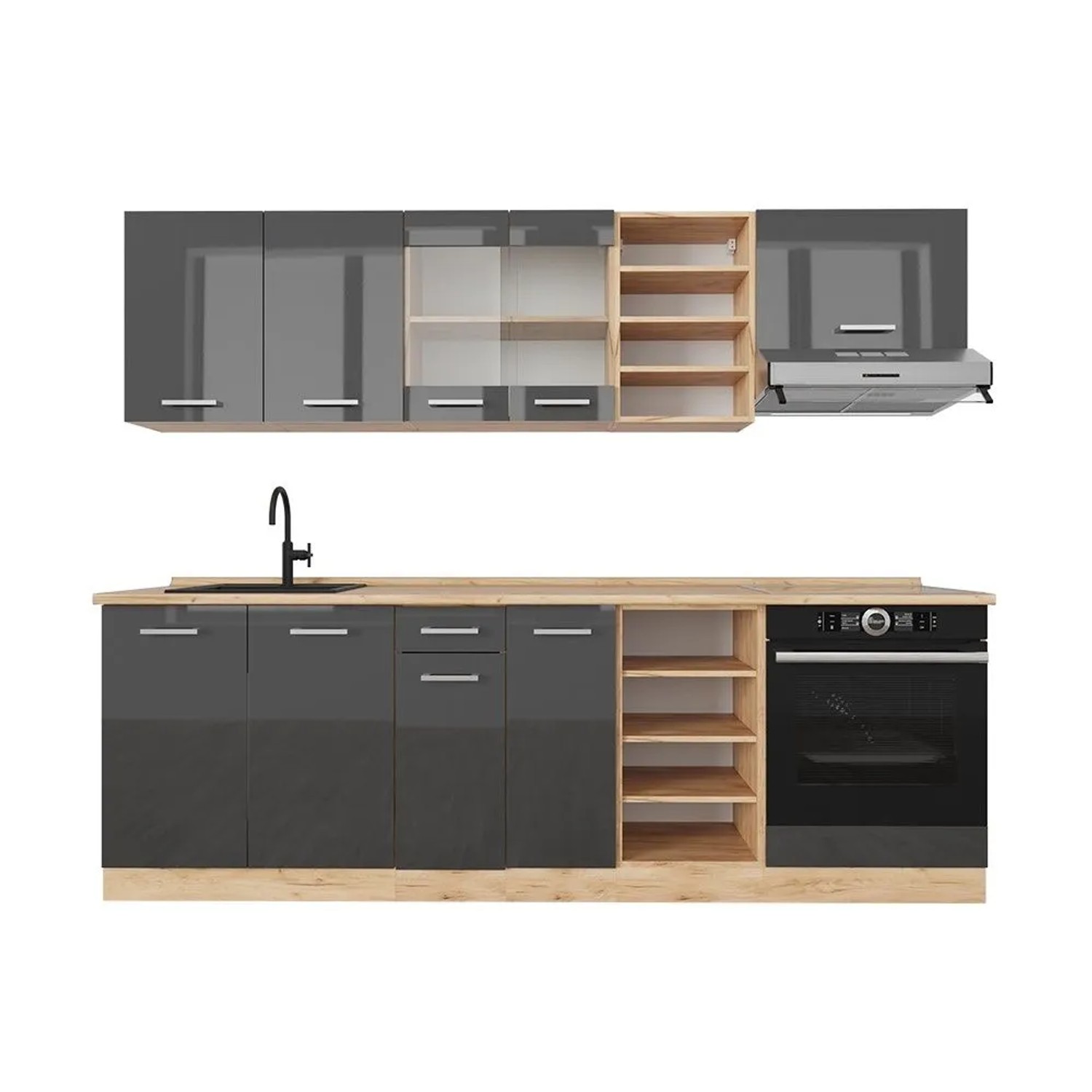 Vicco R-Line Küchenzeile Anthrazit Hochglanz Goldkraft Eiche 240 cm AP Eiche ohne E-Geräte