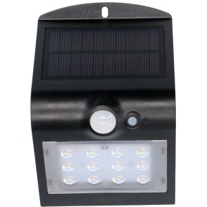 Schwarze LED Solar-Außenleuchte mit Sensor, 220 Lumen, 3000 K, für Wandmontage.