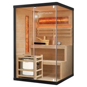 Artsauna Vantaa Sauna 120x120cm mit 3,5 kW Ofen, Hemlockholz, Glasfront, Zubehör. Massivholzsauna für 2 Personen.