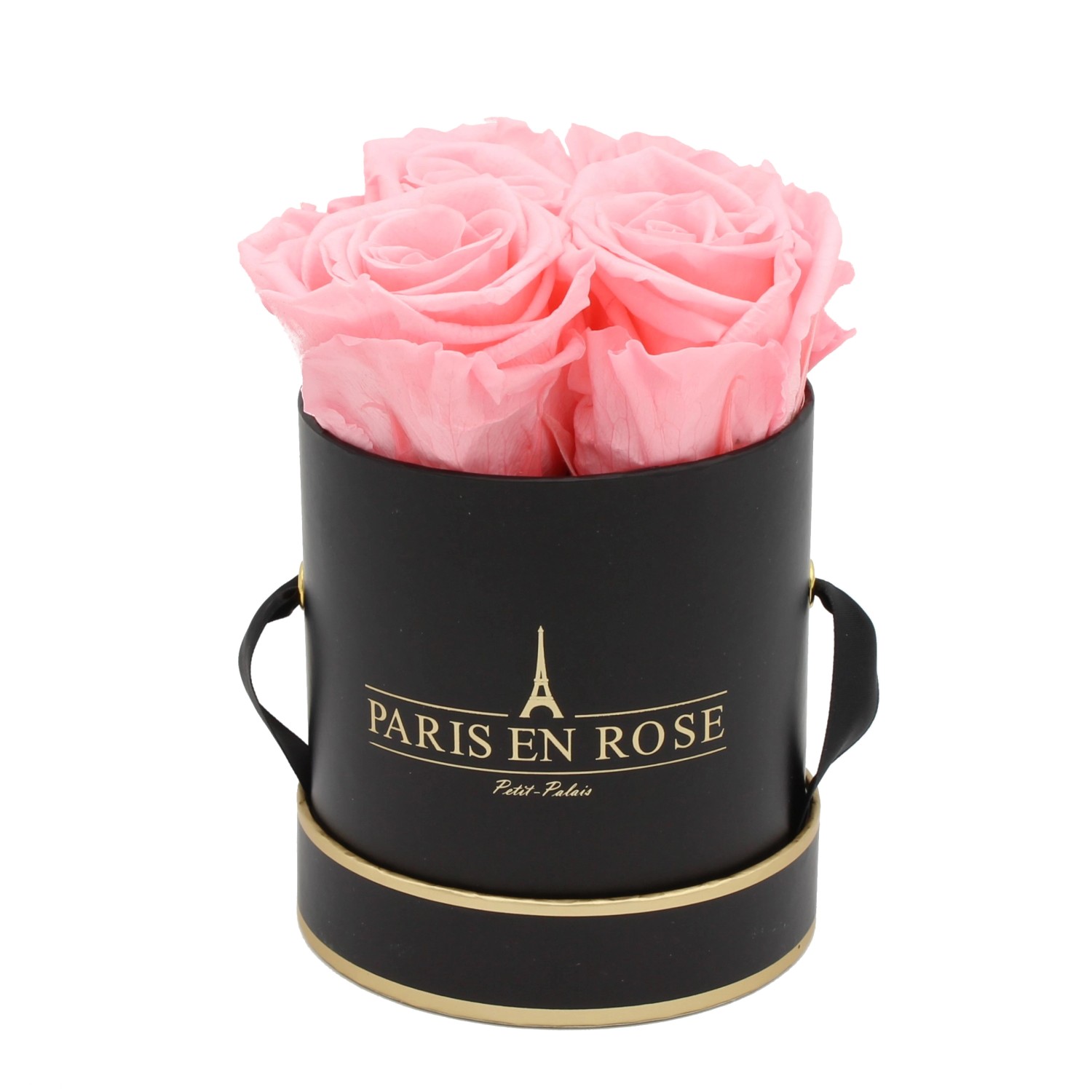 Rosenbox Ø 10 cm Schwarz-Gold mit 4 Rosa Rosen