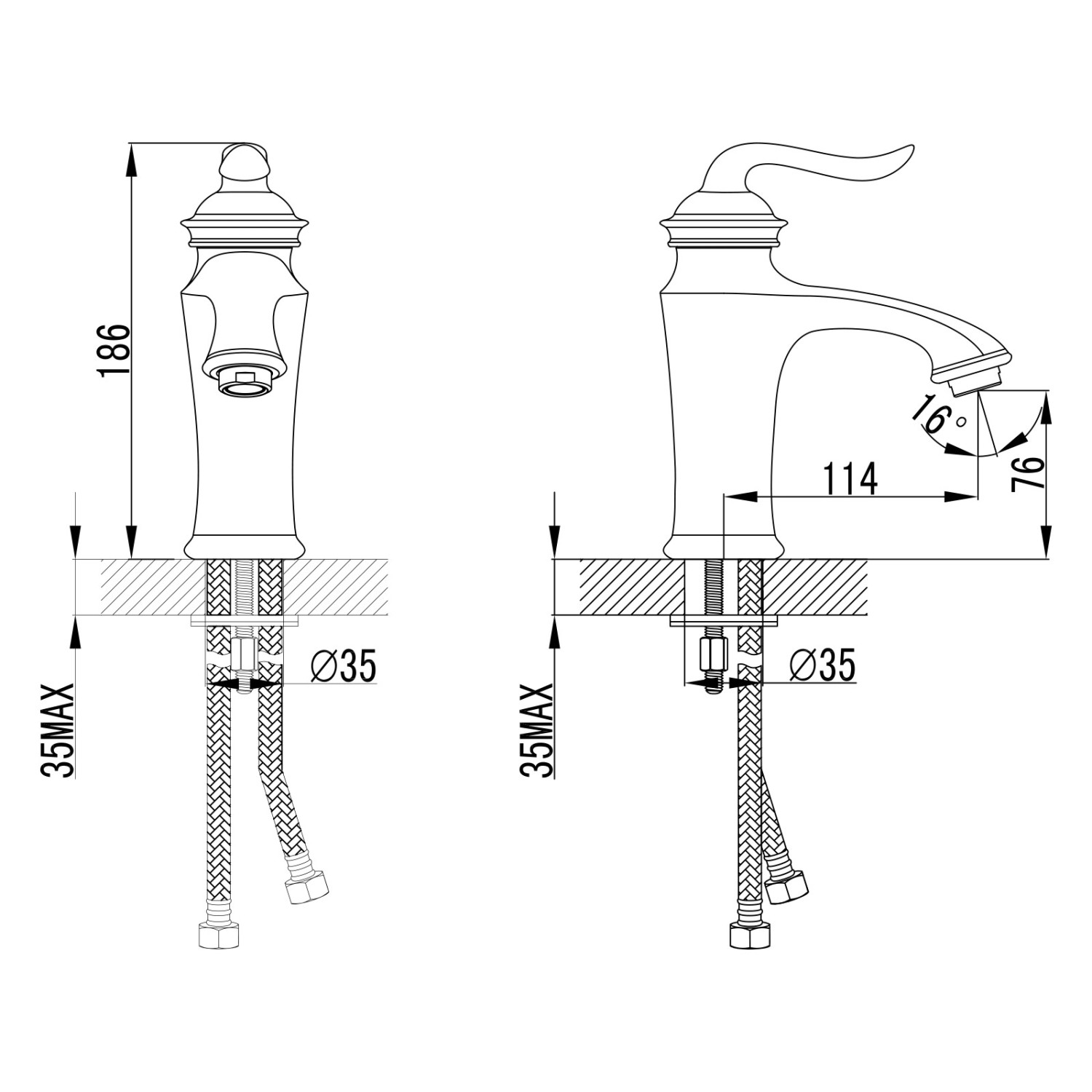 Skizze: PaulGurkes Nostalgie Waschtischarmatur mit Maßen für Montage.
