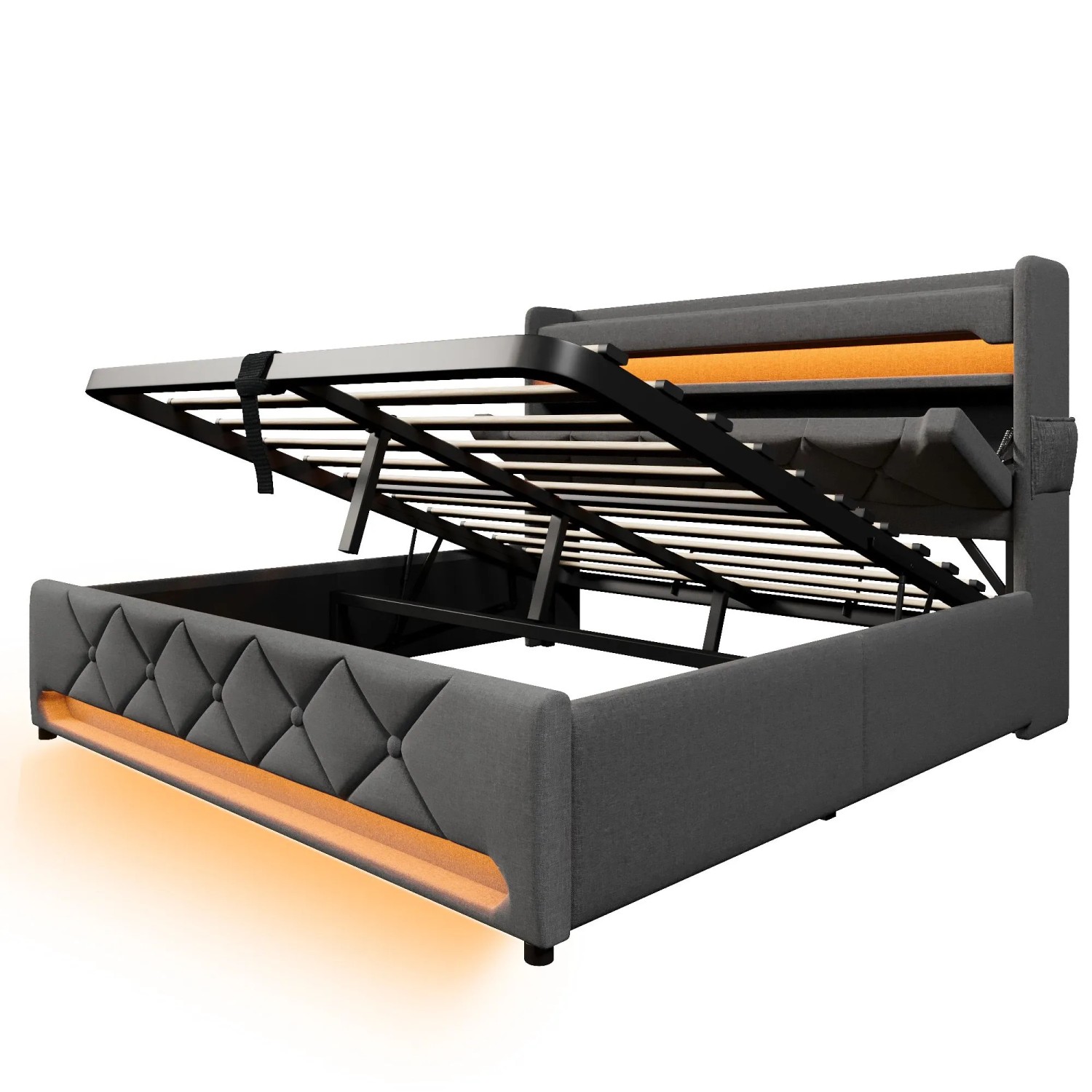 Okwish Polsterbett 140x200cm Mit Led Stauraum Usb Kopfteil Grau Ohne Matratze