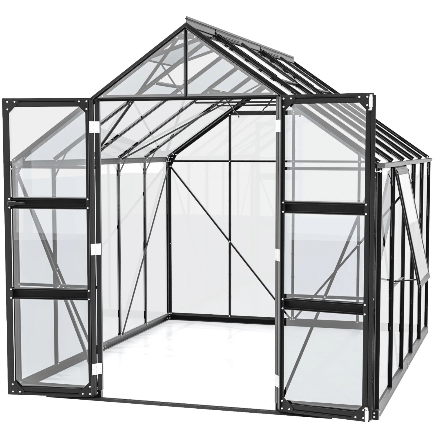 Vitavia Gewächshaus Olymp 8300 ESG Schwarz mit geöffneten Türen und Fenstern.