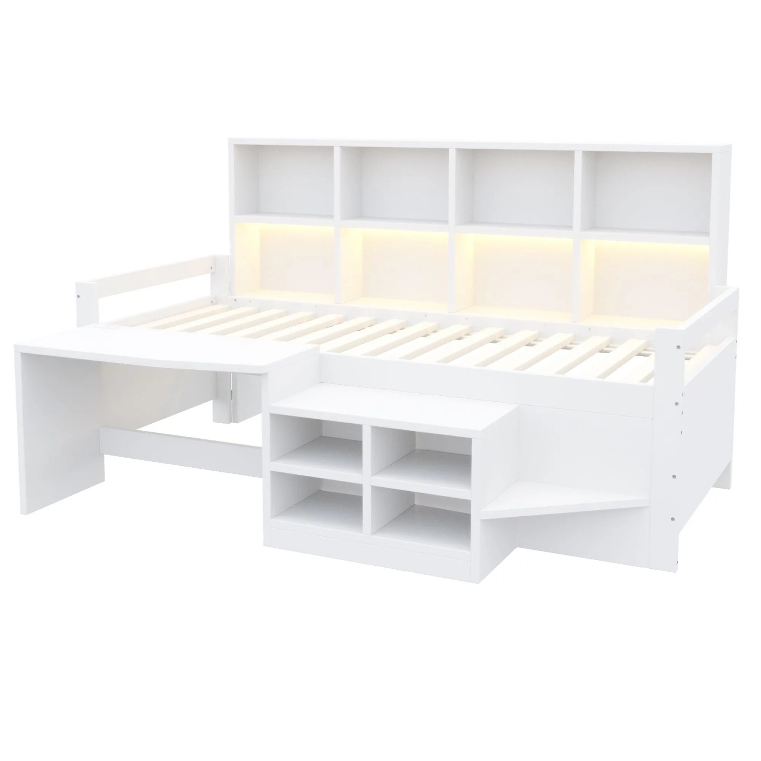 Merax Jugendbett 90x200 cm Schreibtisch LED Stauraum Weiß