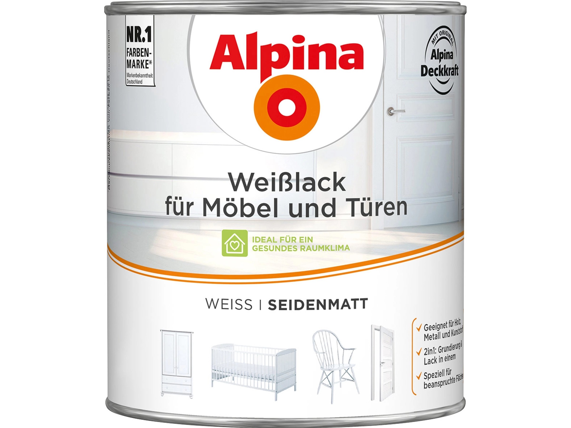 Alpina Weißlack 2 Liter Seidenmatt – Wasserbasis, Hohe Deckkraft, Für Holz, Metall, Putz & Mehr