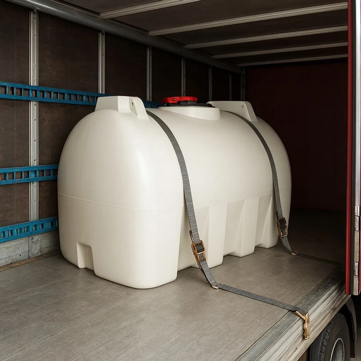 Weißer KMND 2000L Horizontal Trinkwasser Wassertank mit rotem Deckel, sicher verzurrt im Transporter.