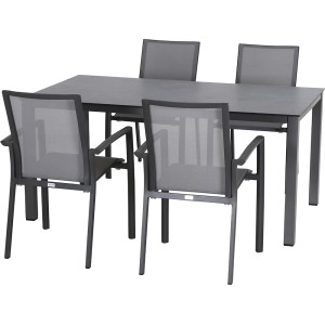 Siena Garden Dining-Set Velia, 5-teilig, mit Esstisch und 4 grauen Sesseln.
