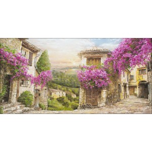 Leinwandbild Colourful Toscana (50x100cm) mit toskanischer Gasse und blühenden Blumen.