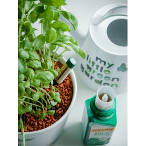 Seramis Bio-Vitalnahrung mit Basilikum, Gießanzeiger und Gießkanne.