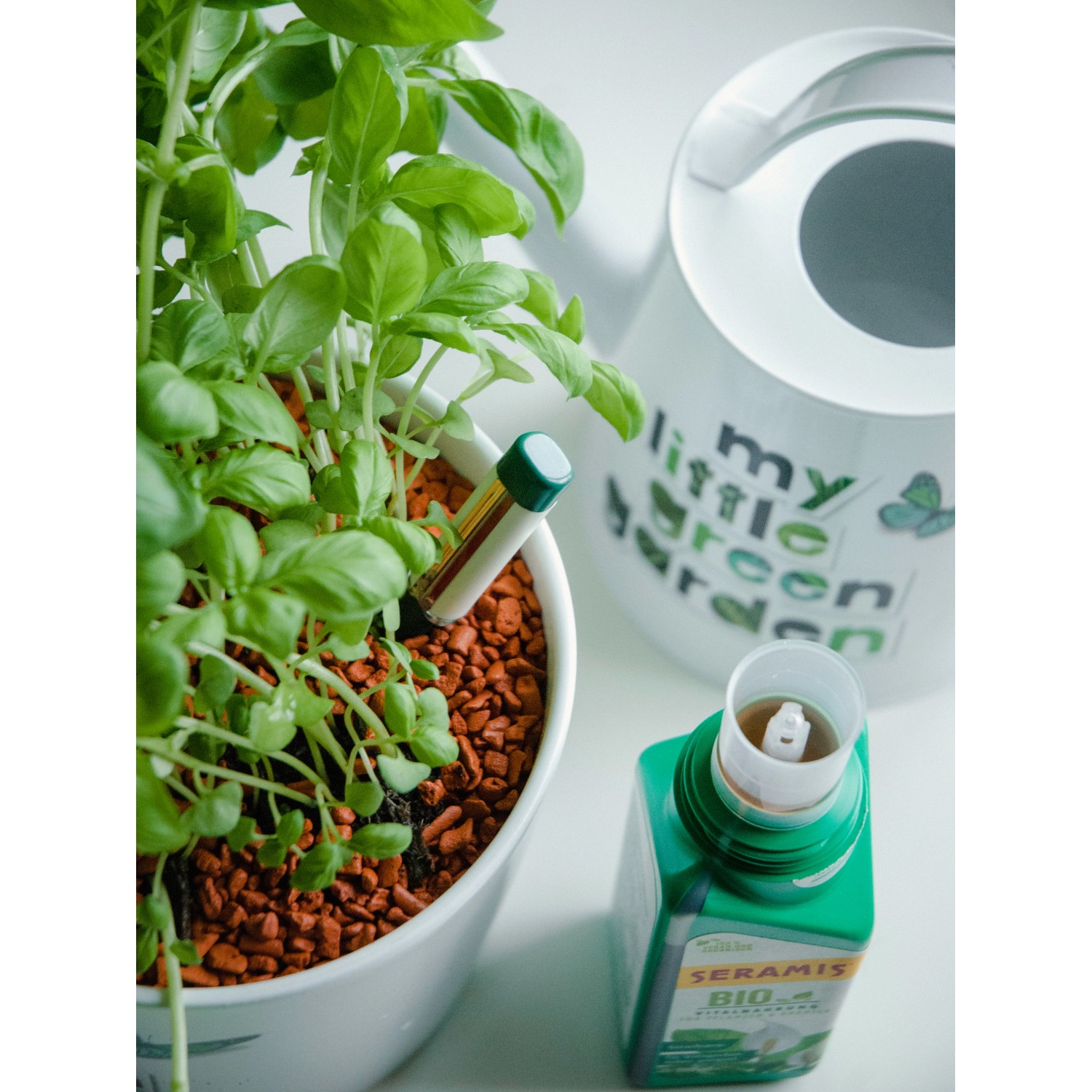 Seramis Bio-Vitalnahrung mit Basilikum, Gießanzeiger und Gießkanne.