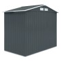 Graues Metall Gerätehaus Hattoro S100 XL mit Satteldach und Belüftungsgittern.