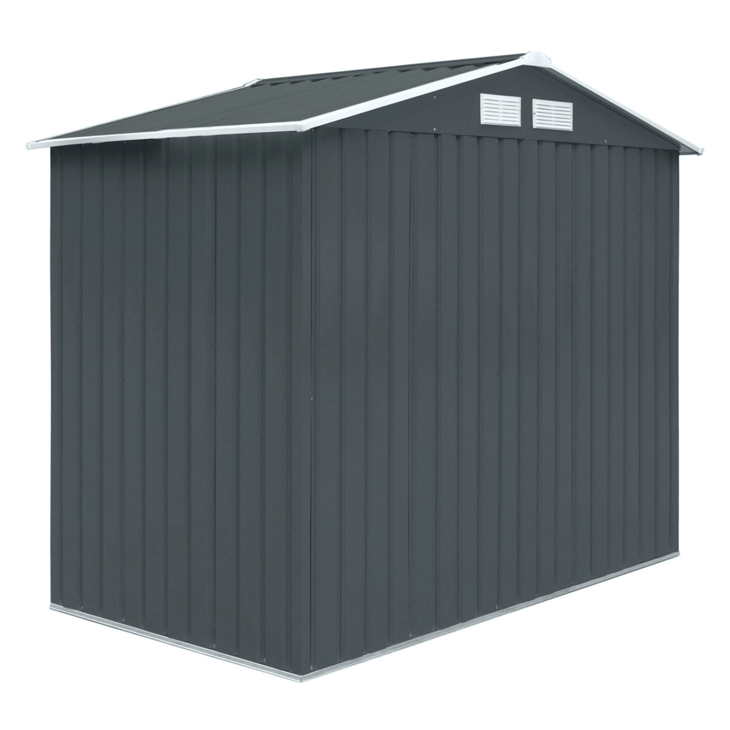 Graues Metall Gerätehaus Hattoro S100 XL mit Satteldach und Belüftungsgittern.