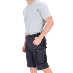 Graue Eliworx Workwear Shorts mit Stifttasche, Werkzeugtaschen und Reflexstreifen. Robuste Arbeitskleidung.