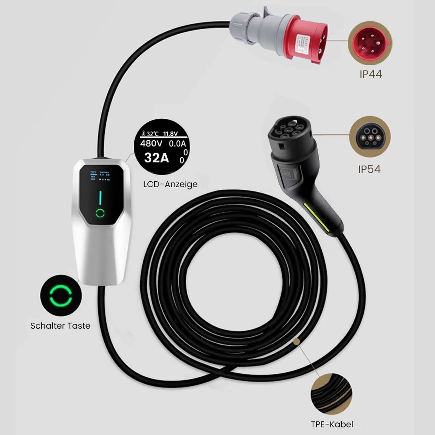 Junsun Mobile Wallbox EV Ladegerät 22kW mit LCD-Anzeige, CEE 32A und Typ 2 Stecker, schwarzes Kabel.