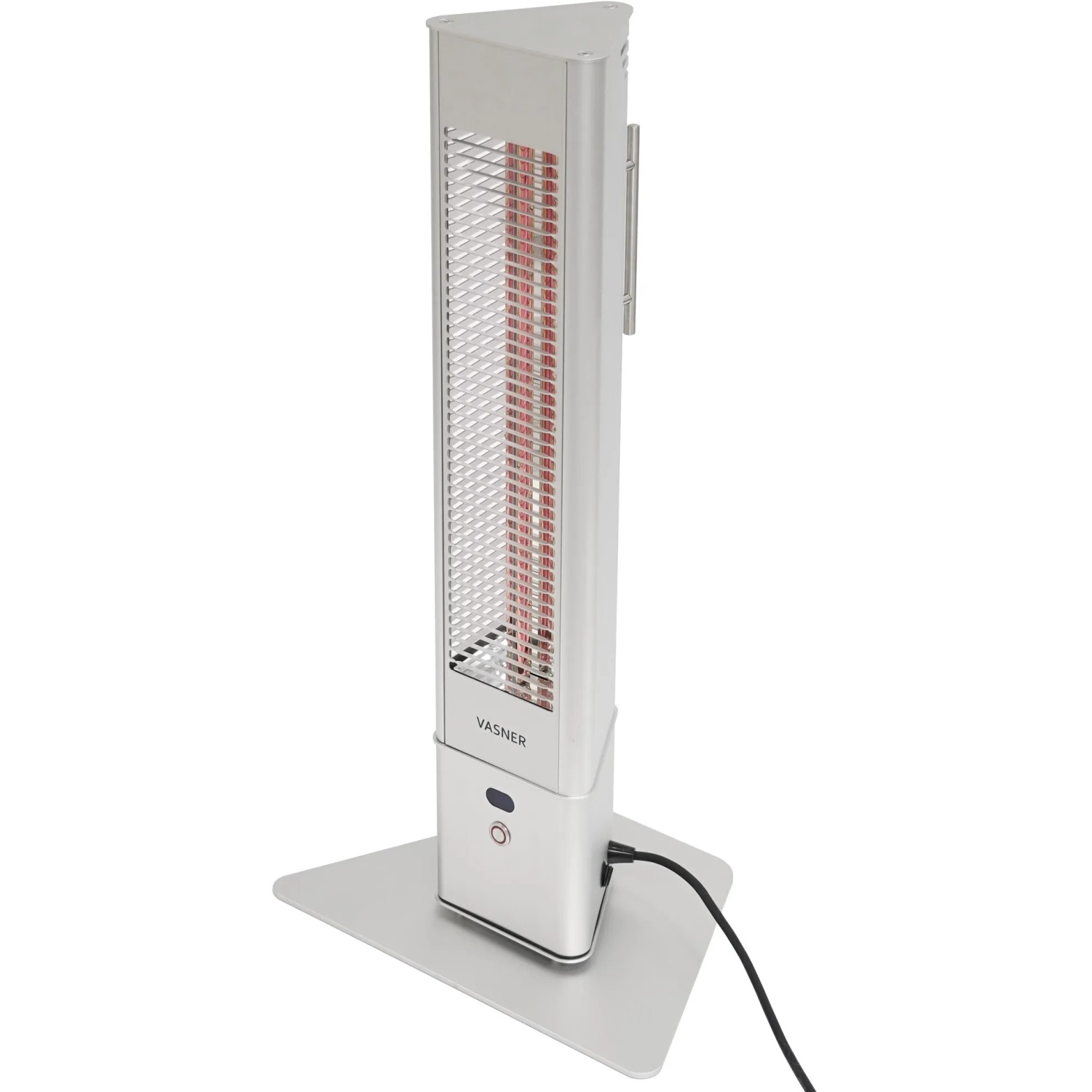 Vasner HeatTower Mini Infrarot-Heizstrahler, 1500W, silberner Standheizstrahler für Terrasse und Balkon.