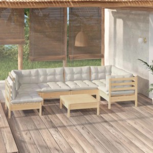 7-tlg. Garten Lounge Set aus Kiefernholz mit creme Kissen. Gartenmöbel für Terrasse und Garten.