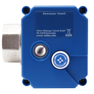Blaues Wiltec Kugelventil für Abwasser, 25mm, mit Notentriegelung und Metallanschluss. Ideal für Wohnmobile.