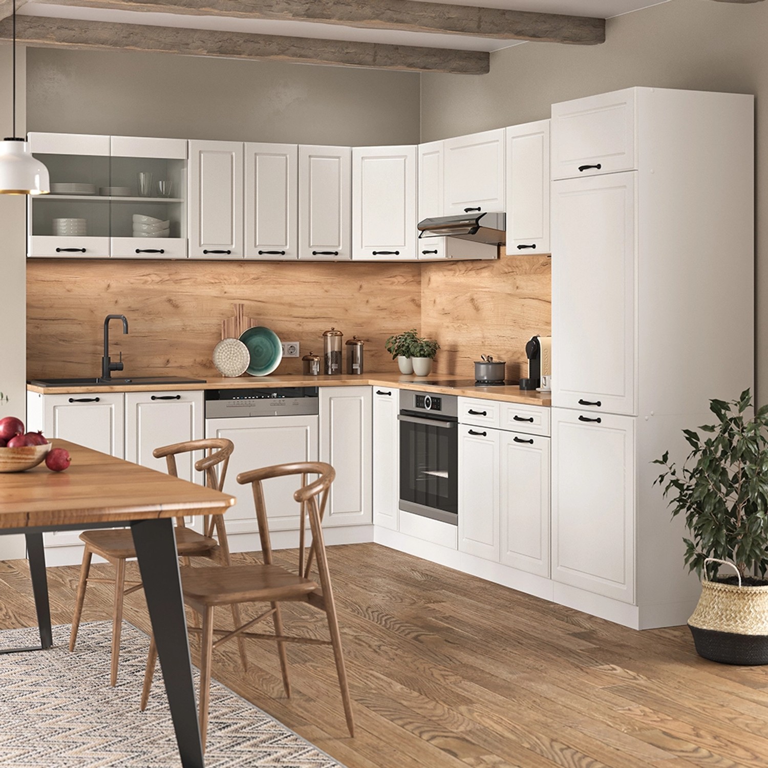 Vicco R-Line Eckküche in Weiß Landhaus/Eiche Optik, 227x287 cm. Küchenzeile in L-Form mit Elektrogeräten.
