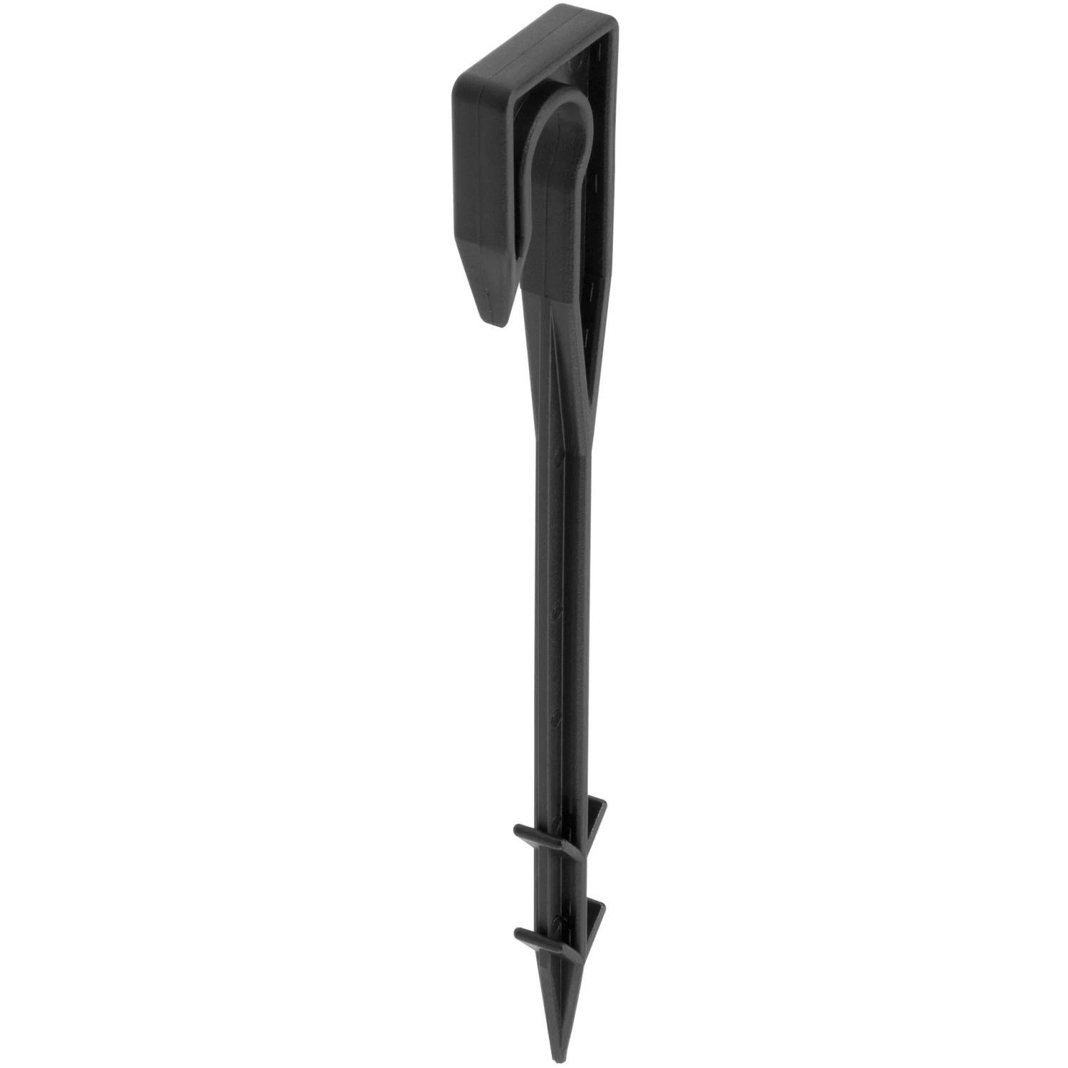 Schwarzer Rohrhalter aus dem Geka Drip-Set zur Fixierung von Bewässerungsschläuchen im Garten.