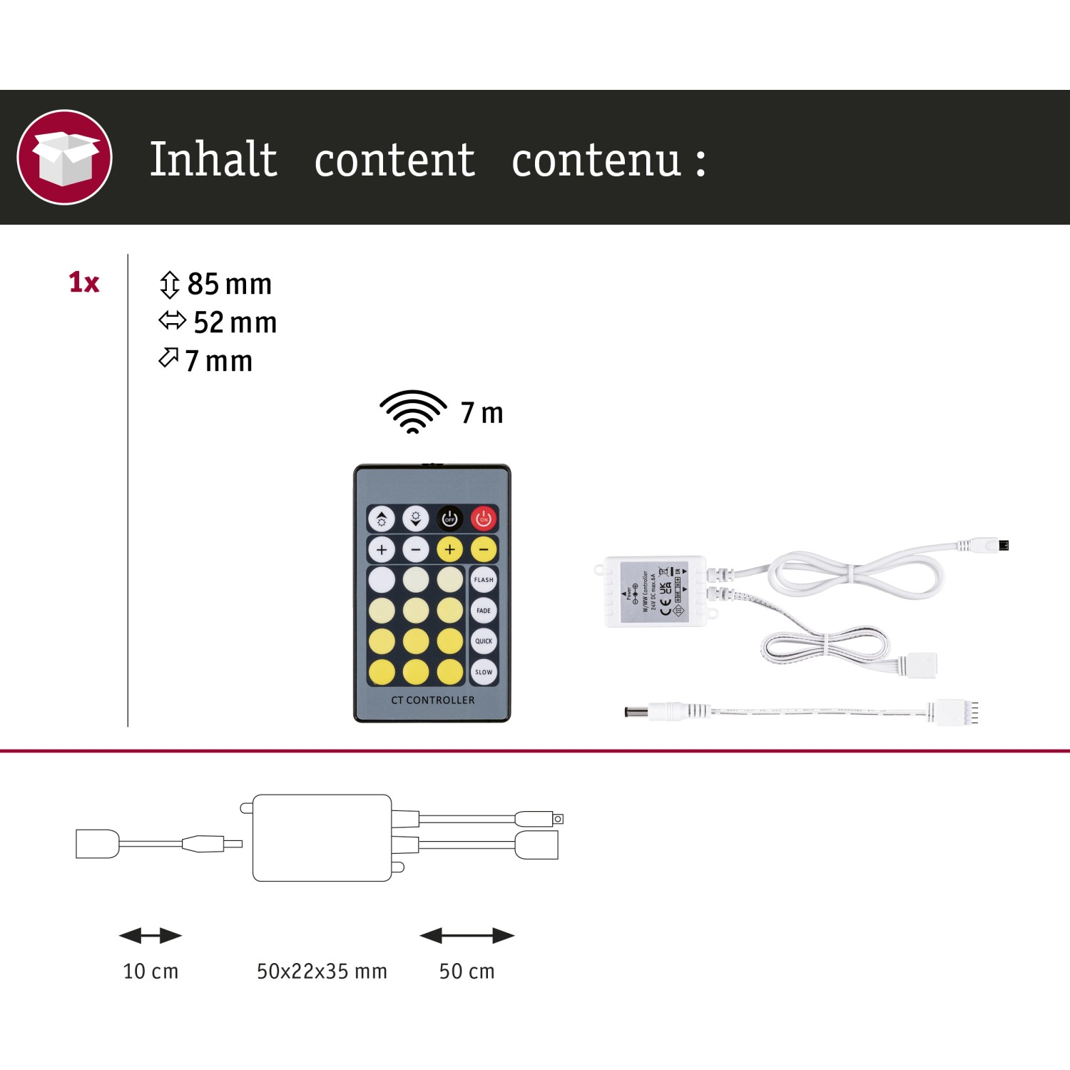 Paulmann Controller MaxLED Tunable White mit Fernbedienung und Zubehör für LED-Streifen.