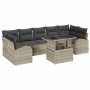 8-teiliges Garten-Sofa-Set hellgrau mit Kissen und Tisch aus Polyrattan.