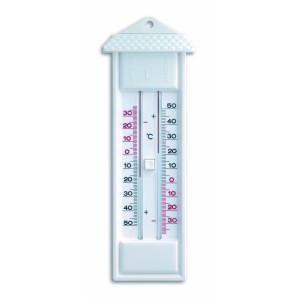Weißes TFA Maxima-Minima-Thermometer zur Temperaturmessung mit Reset-Taste.