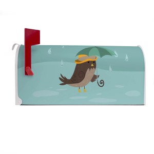 Weißer Banjado US Briefkasten mit Rainbird Motiv, Vogel mit Schirm und roter Fahne.