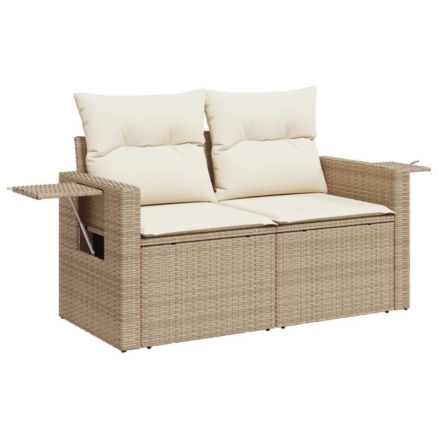 Beige 7-tlg. Garten-Sofagarnitur aus Rattan mit cremefarbenen Kissen und ausklappbarem Tisch.