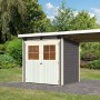 Karibu Holz-Gartenhaus Egersund, terragrau, mit Pultdach und Anbau. Ideal als Gerätehaus oder Gartenpavillon.
