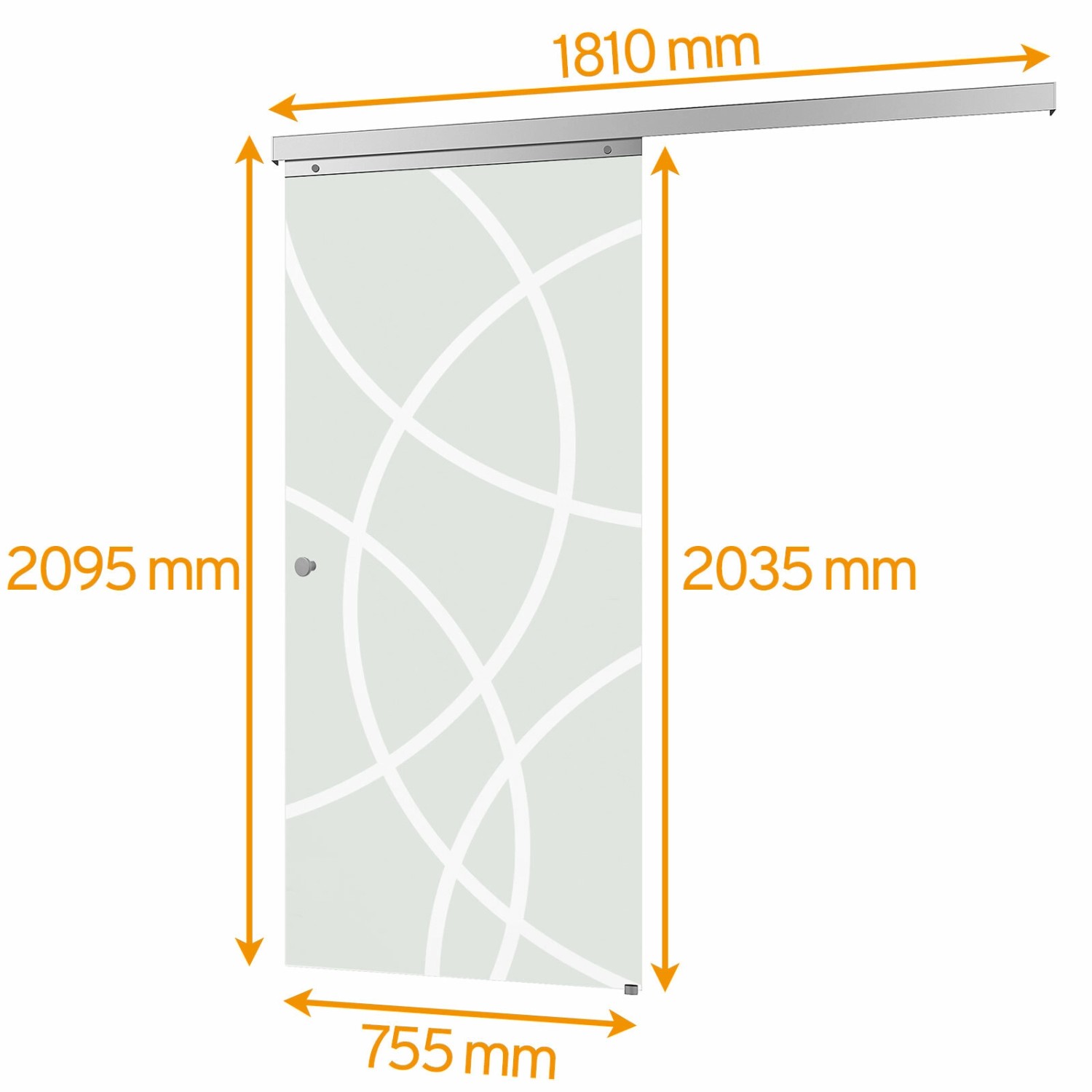 inova Glasschiebetür mit kreisförmig satiniertem Design, Komplettset mit Griffmuschel und Maßen.